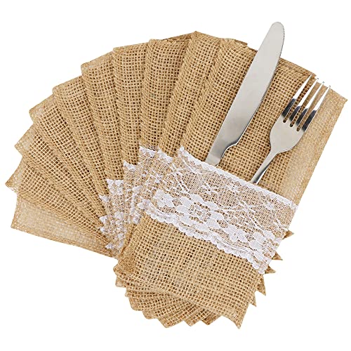 OurWarm 4 x 8 Inch Natural Burlap Lace Utensil Cutlery Holders Pouch Bags 50 Pack Knifes Forks Napkin Silverware Holder Bag for Rustic Wedding Party Bridal Shower Decorations