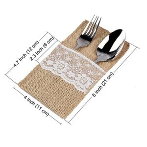 OurWarm 4 x 8 Inch Natural Burlap Lace Utensil Cutlery Holders Pouch Bags 50 Pack Knifes Forks Napkin Silverware Holder Bag for Rustic Wedding Party Bridal Shower Decorations