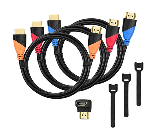 HUANUO High-Speed HDMI Cable 6ft (3 Pack)- 6 Foot HDMI Cables Cord with Gold Plated Connectors, Cable Tie and Right 90 Degree Angle Adapter