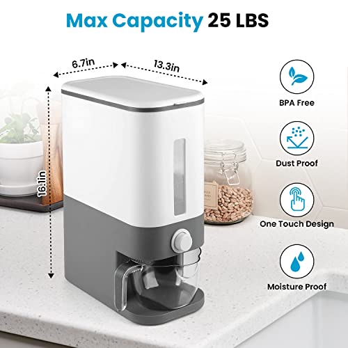 Rice Dispenser , Rice Storage Container comes with 2 Measuring Cup and Cleaning Brush , Rice Container 25 Pounds , BPA-Free Rice Storage , Grain Dispenser Kitchen , Dry Food Dispenser Grey