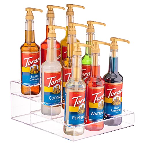 Acrylic Bottle Holder | Wine Display Riser | 9 Bottles, 3 Tier Rack | Bar Counter-Top Display Stand | Wine Rack Holder for Kitchen, Pantry, Fridge | Storage Organizer for Wine, Soda, Syrups and Beer