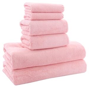 moonqueen ultra soft towel set – quick drying – 2 bath towels 2 hand towels 2 washcloths – microfiber coral velvet highly absorbent towel for bath fitness, bathroom, sports, yoga, travel (pink, 6 pcs)