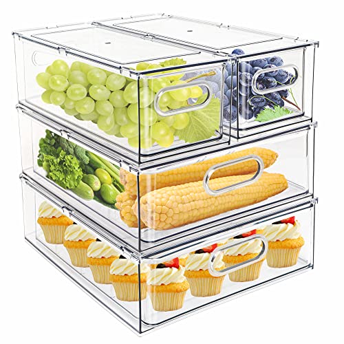 MANO Fridge Drawer Pull Out Stackable Bins with Handle Clear Refrigerator Drawers Organizer Food Storage Container Box with Dividers Plastic Produce Saver for Pantry, Cabinet, Kitchen, Clothes