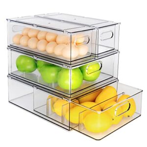 MANO Fridge Drawer Pull Out Stackable Bins with Handle Clear Refrigerator Drawers Organizer Food Storage Container Box with Dividers Plastic Produce Saver for Pantry, Cabinet, Kitchen, Clothes