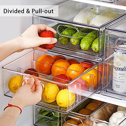 MANO Fridge Drawer Pull Out Stackable Bins with Handle Clear Refrigerator Drawers Organizer Food Storage Container Box with Dividers Plastic Produce Saver for Pantry, Cabinet, Kitchen, Clothes