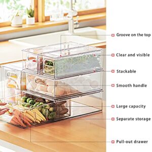 MANO Fridge Drawer Pull Out Stackable Bins with Handle Clear Refrigerator Drawers Organizer Food Storage Container Box with Dividers Plastic Produce Saver for Pantry, Cabinet, Kitchen, Clothes