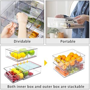 MANO Fridge Drawer Pull Out Stackable Bins with Handle Clear Refrigerator Drawers Organizer Food Storage Container Box with Dividers Plastic Produce Saver for Pantry, Cabinet, Kitchen, Clothes