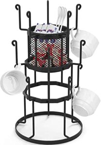 auledio 3 tier countertop tree stand organizer with storage basket,15 mug capacity holder for coffee, glasses, and cups, black