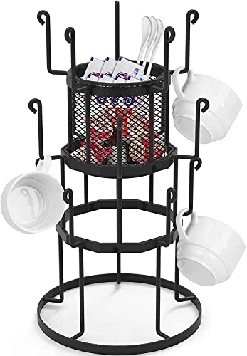 Auledio 3 Tier Countertop Tree Stand Organizer with Storage Basket,15 Mug Capacity Holder for Coffee, Glasses, and Cups, Black