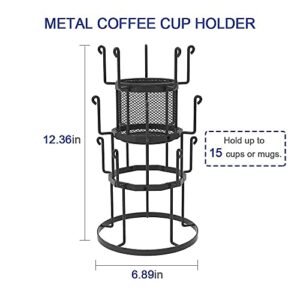 Auledio 3 Tier Countertop Tree Stand Organizer with Storage Basket,15 Mug Capacity Holder for Coffee, Glasses, and Cups, Black