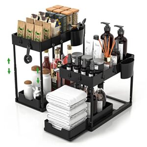 lponjar adjustable height under sink organizers and storage bathroom kitchen with 8 hooks and 2 hanging cup, 2 black