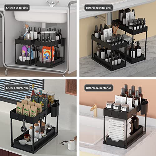 LPONJAR Adjustable Height Under Sink Organizers and Storage Bathroom Kitchen with 8 Hooks and 2 Hanging Cup, 2 Black