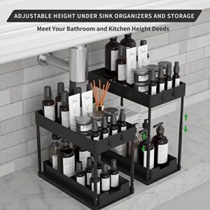 LPONJAR Adjustable Height Under Sink Organizers and Storage Bathroom Kitchen with 8 Hooks and 2 Hanging Cup, 2 Black