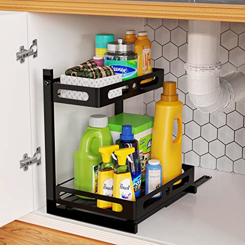 MOSTWOGO Sliding Under Sink Organizers and Storage, 2-Tier Carbon Steel Under Sink Organizer, Insert Adjustable Drawer-Bathroom Cabinet Organizer, No-Rust Under Sink Storage for Kitchen/Bathroom