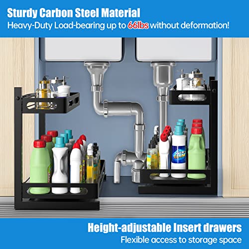 MOSTWOGO Sliding Under Sink Organizers and Storage, 2-Tier Carbon Steel Under Sink Organizer, Insert Adjustable Drawer-Bathroom Cabinet Organizer, No-Rust Under Sink Storage for Kitchen/Bathroom