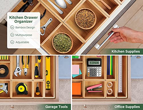 Kootek Kitchen Drawer Organizer for Utensils, 6 Pcs 8 Grid Silverware Tray Bamboo Drawer Organizers Cutlery Storage with Removable Dividers for Pantry Closet Desk Office