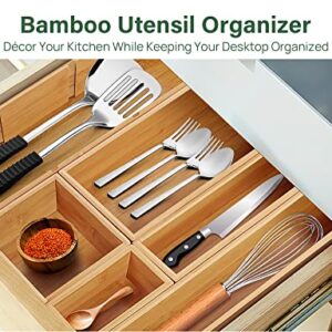 Kootek Kitchen Drawer Organizer for Utensils, 6 Pcs 8 Grid Silverware Tray Bamboo Drawer Organizers Cutlery Storage with Removable Dividers for Pantry Closet Desk Office