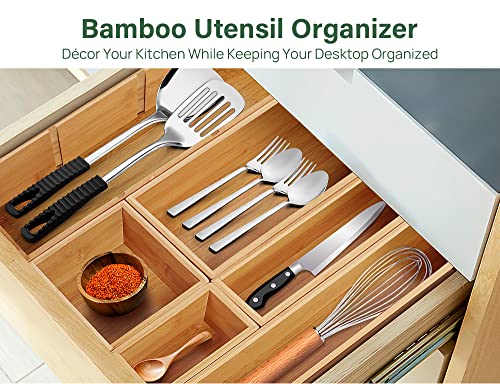 Kootek Kitchen Drawer Organizer for Utensils, 6 Pcs 8 Grid Silverware Tray Bamboo Drawer Organizers Cutlery Storage with Removable Dividers for Pantry Closet Desk Office