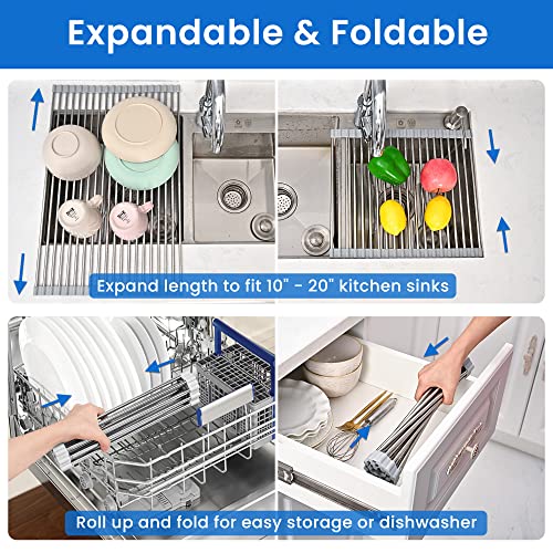 romise Adjustable Roll Up Dish Drying Rack for 10" - 20" Kitchen Sinks, Foldable Over The Sink Dish Drying Rack, Portable Stainless Steel Rolling Rack Dish Drainer Sink Rack Mat Trivet, Gray