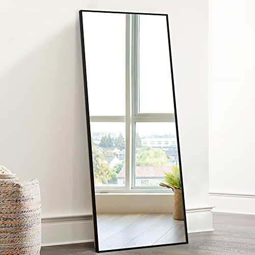 NeuType 55" X 16" Full Length Mirror Aluminum Alloy Thin Frame Floor Mirror Wall Mirror Dressing Mirror Hanging or Leaning Against Wall, Bedroom Mirror Full Body Mirror Black with Stand