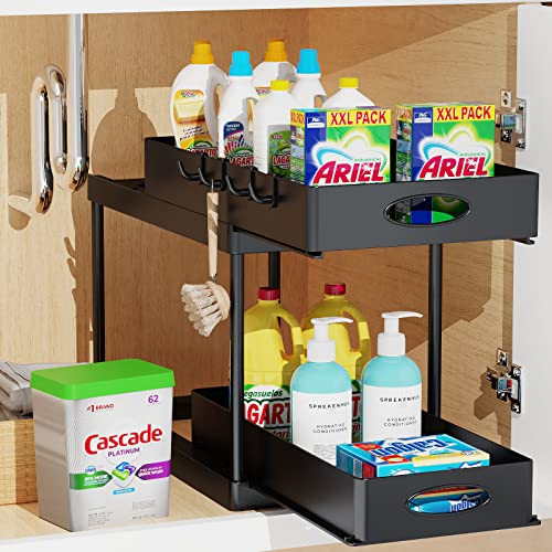 Aojia Double Sliding Cabinet Organizer, Under Sink Organizers and Storage, Pull Out Under Sink Organizer, Under Cabinet Organizer Baskets with 2 Drawers, Under Sink Storage for Bathroom, Kitchen