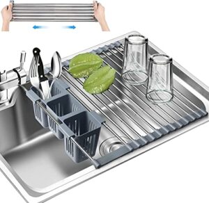 extree roll up dish drying rack, adjustable 12.6″(w) to 23”(l), over the sink for kitchen sink foldable dish draine with utensil holders sus304 stainless steel sink rack