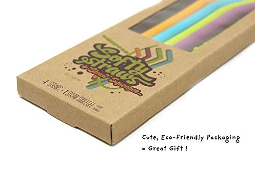 Softy Straws Premium Reusable Silicone Drinking Straws + Patented Straw Squeegee - 9” Long With Curved Bend for 20/30/32oz Tumblers - BPA Free (Non-Rubber), Flexible, Bendy, Safe for Kids / Toddlers