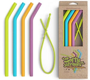 softy straws premium reusable silicone drinking straws + patented straw squeegee – 9” long with curved bend for 20/30/32oz tumblers – bpa free (non-rubber), flexible, bendy, safe for kids / toddlers