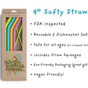 Softy Straws Premium Reusable Silicone Drinking Straws + Patented Straw Squeegee - 9” Long With Curved Bend for 20/30/32oz Tumblers - BPA Free (Non-Rubber), Flexible, Bendy, Safe for Kids / Toddlers