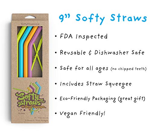 Softy Straws Premium Reusable Silicone Drinking Straws + Patented Straw Squeegee - 9” Long With Curved Bend for 20/30/32oz Tumblers - BPA Free (Non-Rubber), Flexible, Bendy, Safe for Kids / Toddlers