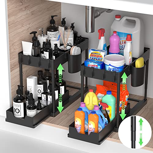 2 Pack Under Sink Organizers and Storage, 2 Tier Black Bathroom Cabinet Organizer with 4-Height Adjustable Telescopic Tube,4 Removable Dividers,4 Hooks,1 Cup,Bathroom Under Sink Organizer for Home