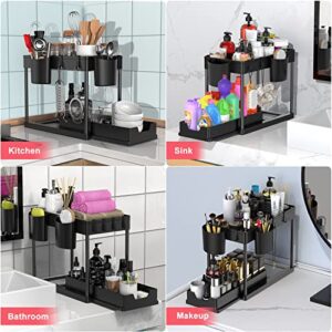 2 Pack Under Sink Organizers and Storage, 2 Tier Black Bathroom Cabinet Organizer with 4-Height Adjustable Telescopic Tube,4 Removable Dividers,4 Hooks,1 Cup,Bathroom Under Sink Organizer for Home