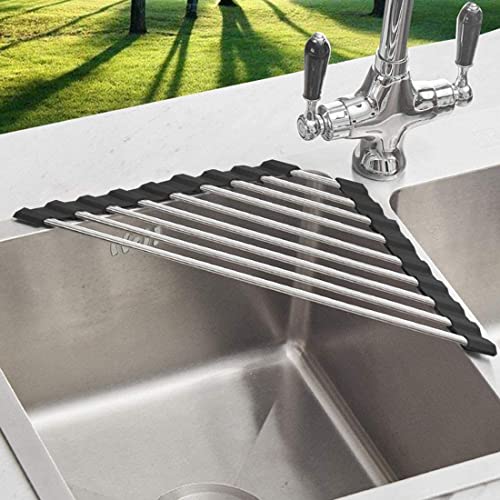 ALIMART Roll Up Dish Drying Rack and Triangle for Sink,over the Sink , Kitchen Corner Drainer Mat, Foldable Stainless Steel (Triangle) Silver