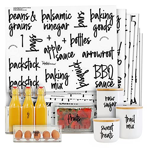 Talented Kitchen 158 Pieces Food Storage Labels for Glass Kitchen Containers, Preprinted Black Script on Clear Stickers for Fridge, Freezer, Pantry Organization (Water Resistant)