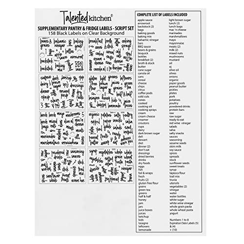 Talented Kitchen 158 Pieces Food Storage Labels for Glass Kitchen Containers, Preprinted Black Script on Clear Stickers for Fridge, Freezer, Pantry Organization (Water Resistant)