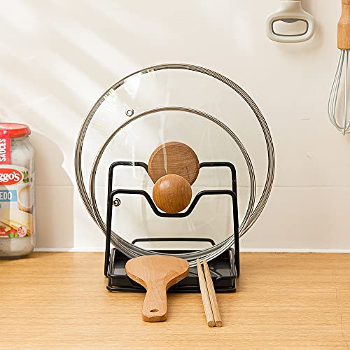 SUNFCON Pot Pan Lids Holder Cutting Board Rack Chopping Board Organizer Stand Spoon Rest w Drip Tray Kitchen Countertop Black