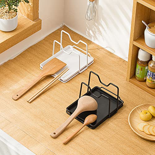 SUNFCON Pot Pan Lids Holder Cutting Board Rack Chopping Board Organizer Stand Spoon Rest w Drip Tray Kitchen Countertop Black