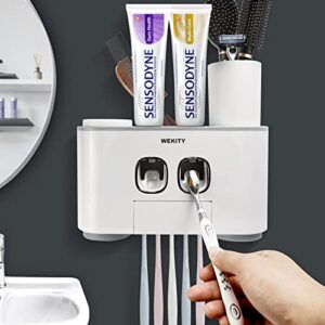 toothbrush holder wall mounted, wekity multi-functional toothbrush and toothpaste dispenser for bathroom, with 5 toothbrush slots, 2 toothpaste squeezers and 4 cups(grey)