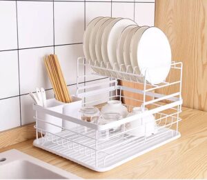 mnml home dish drying rack for kitchen counter – large dish rack & drainboard set – dish drainer for sink – dishwasher rack kitchen storage with 4 different pieces & tier material (white)
