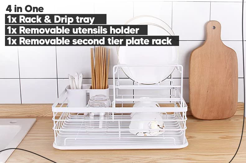 Mnml Home Dish Drying Rack for Kitchen Counter – Large Dish Rack & Drainboard Set - Dish Drainer for Sink – Dishwasher Rack Kitchen Storage with 4 Different Pieces & Tier Material (White)