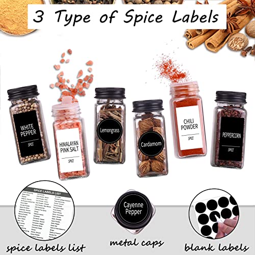 25 Spice Jars with 547 Labels- Glass Spice Jars with Black Metal Caps, 4oz Empty Spice Containers with Shaker Lids, Funnel, Chalk Pen, Churboro Square Seasoning Bottles for Spice Rack, Drawer, Cabinet