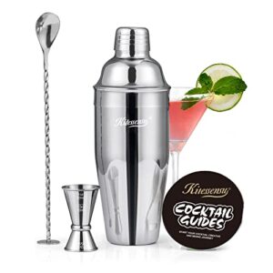 cocktail shaker, kitessensu 24oz drink shaker with bartender strainer, measuring jigger, bar mixing spoon, cocktail recipe guide, professional drink mixer set for beginners, silver