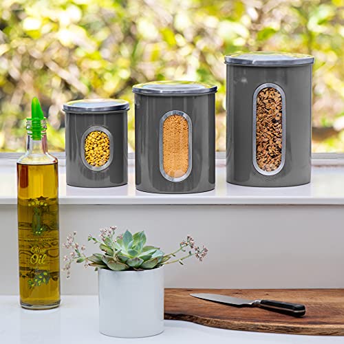 Moss And Stone 3 Piece Gray Canisters Sets For The Kitchen, Kitchen Jars With See Through Window | Airtight Coffee Container, Tea Organizer, And Sugar Canister, Kitchen Canisters Set of 3 (Grey)