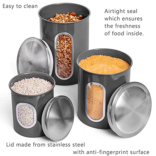 Moss And Stone 3 Piece Gray Canisters Sets For The Kitchen, Kitchen Jars With See Through Window | Airtight Coffee Container, Tea Organizer, And Sugar Canister, Kitchen Canisters Set of 3 (Grey)