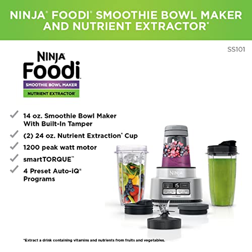 Ninja SS101 Foodi Smoothie Maker & Nutrient Extractor* 1200 WP, 6 Functions Smoothies, Extractions*, Spreads, smartTORQUE, 14-oz. Smoothie Maker, (2) To-Go Cups & Lids, Silver