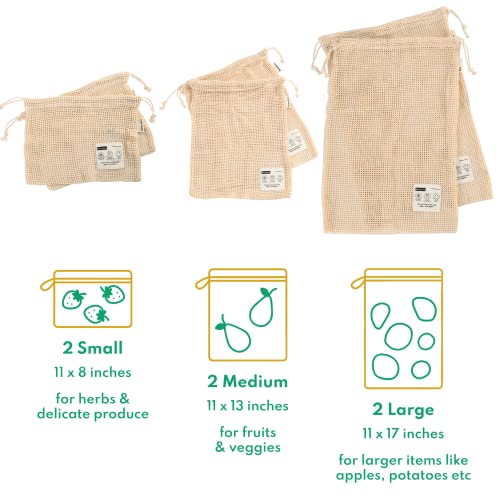 Betterblue 100% Organic Cotton Produce Bags, Reusable & Eco Friendly, Set of 6