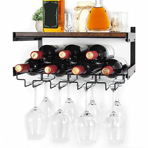 B4Life Wine Rack Wall Mounted with Stemware Rack, Wine Glass Rack Wall Mounted,Holds 8 x Glasses and 7 x Wine Bottles, Industrial Wine Glass Rack Wall Wine Rack with Wine Glass Holder