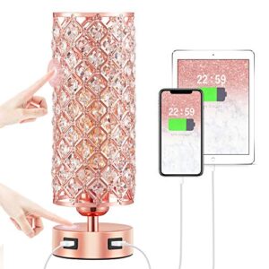 hong-in crystal table lamp, rose gold lamp with usb ports, 3 way dimmable light with crystal lampshade, bedside lamp small touch light for living room bedroom home, charge phone (bulb included)