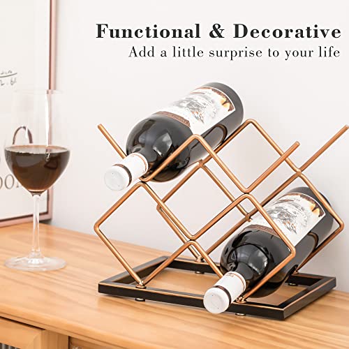 LEYON Tabletop Wine Rack 5 Bottles Wine Bottle Holder Countertop Wine Storage Rack Metal Wine Bottles Organizer Home Decorations for Kitchen Bar Cabinet (5 Bottles, Retro Gold)