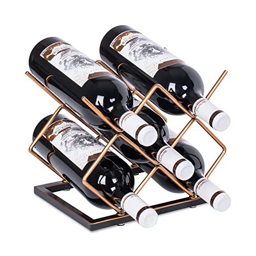 LEYON Tabletop Wine Rack 5 Bottles Wine Bottle Holder Countertop Wine Storage Rack Metal Wine Bottles Organizer Home Decorations for Kitchen Bar Cabinet (5 Bottles, Retro Gold)